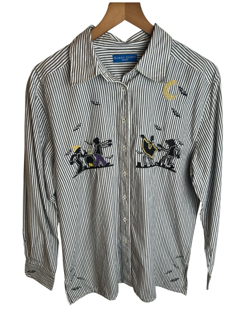 Karen Scott Halloween Embroidered Button Up